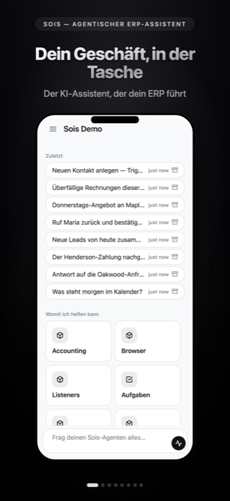 Der Sois-Startbildschirm: aktuelle Chats und die Module, die Ihr Agent nutzen kann
