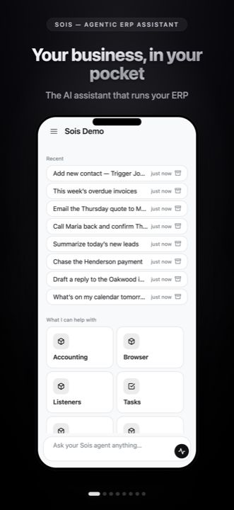 The Sois home screen: recent chats and the modules your agent can use