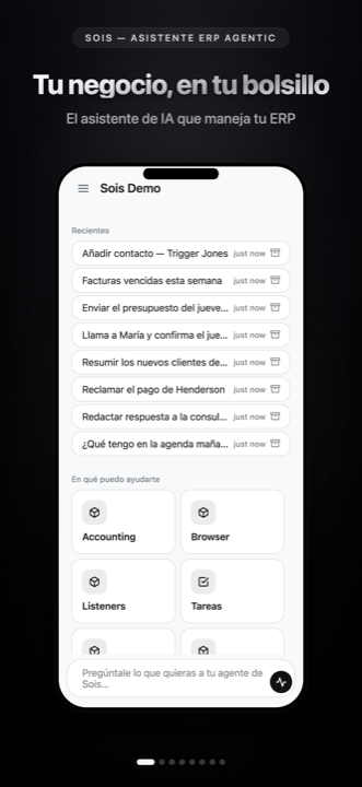 La pantalla de inicio de Sois: chats recientes y los módulos que tu agente puede usar