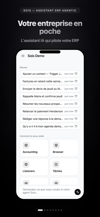 L'écran d'accueil de Sois : discussions récentes et les modules que votre agent peut utiliser