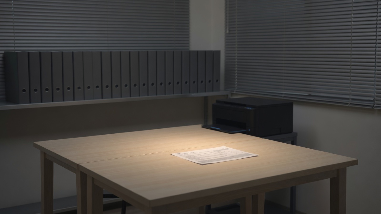 A back office after hours: two empty desks, a printer, a shelf of lever-arch files, a bank statement left on the desk under a lamp