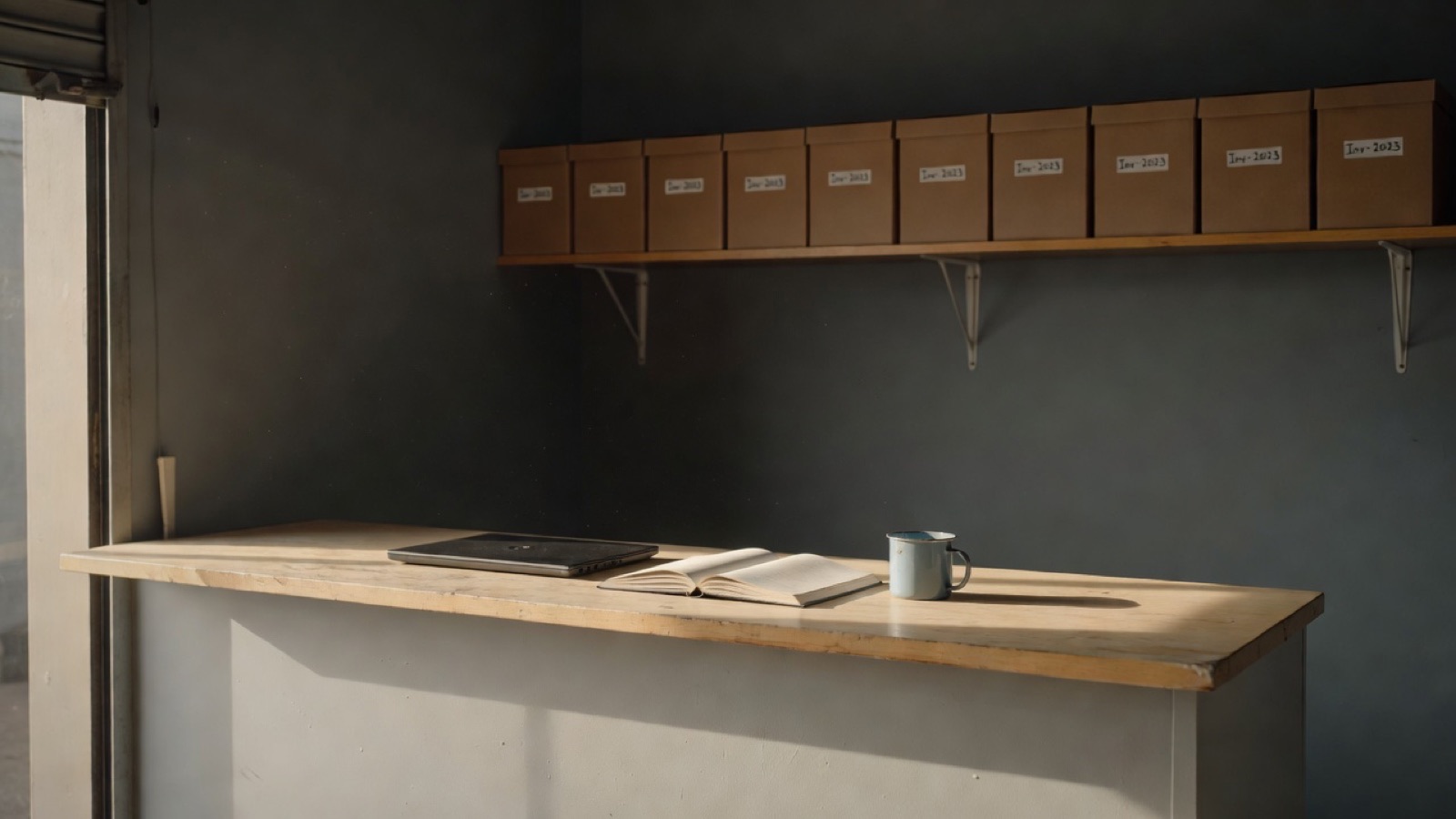 A small workshop office at the start of the day: a wooden counter with a closed laptop, a paper diary, a mug, a shelf of labelled boxes and morning light through a roller door