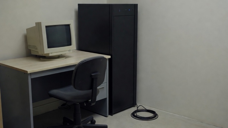 静かなサーバールームの隅にある古いベージュの端末が金属製のデスクの上にあり、現代的なラックの隣に置かれ、スイベルチェアと巻かれたケーブルがある