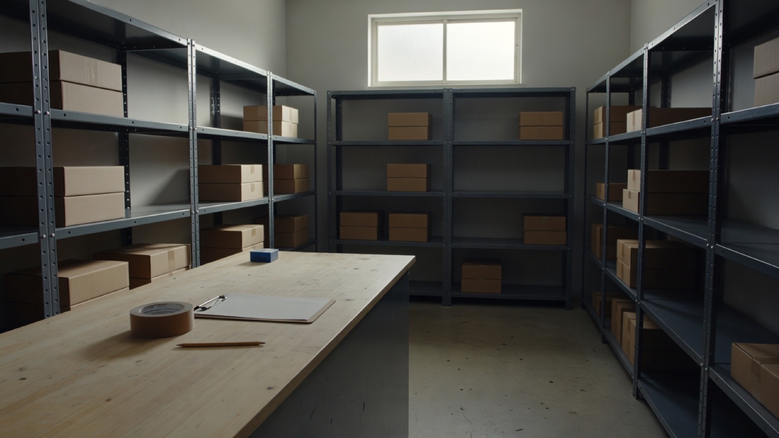 A small, tidy stockroom: metal shelving with labelled cardboard boxes, a wooden counter with a clipboard and a roll of packing tape, daylight from a high window