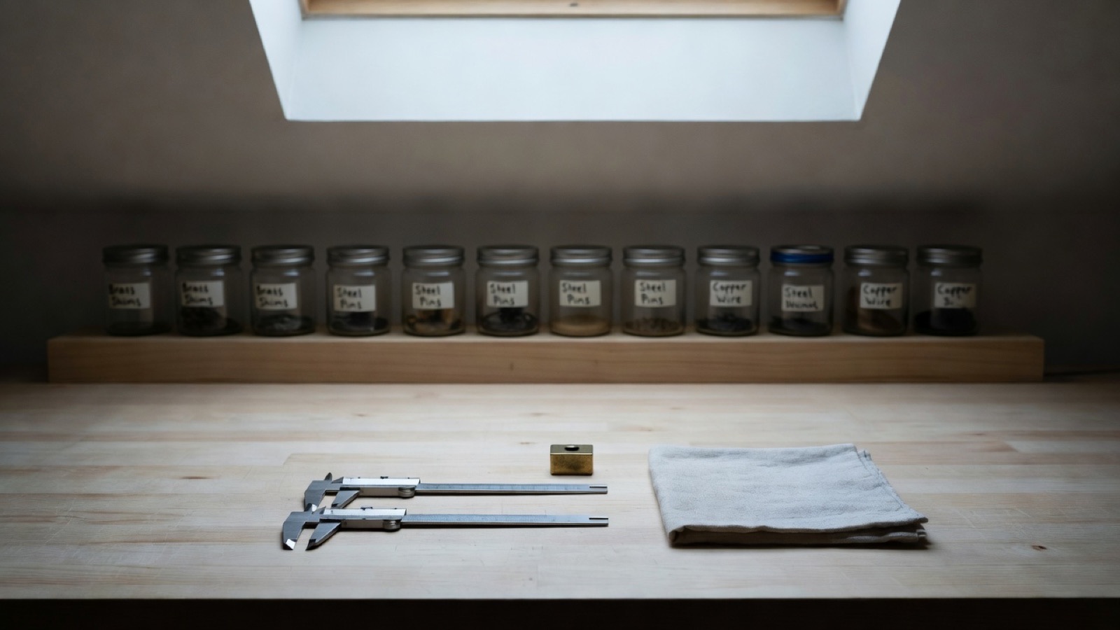 A quiet studio workbench: a pale wooden bench with a set of calipers, a steel rule, a small brass weight and a folded cloth, a shelf of labelled jars behind, north light from a skylight