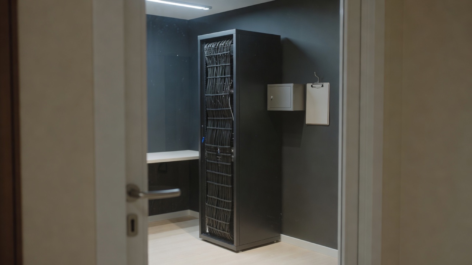 A small server room seen through a glass door: one rack with tidy cabling, a key safe on the wall, a clipboard on a hook, cool blue light
