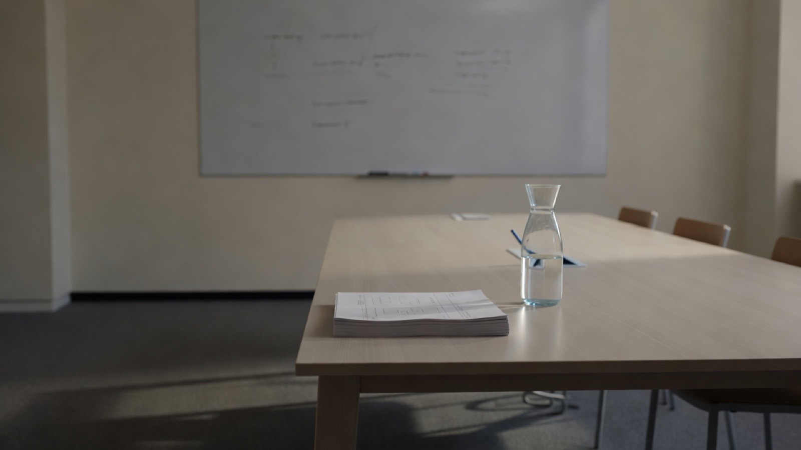 Une salle de réunion après les heures : une longue table claire, un tableau blanc effacé, une pile de diagrammes de processus imprimés carrés à une extrémité, lumière du soir sur le sol
