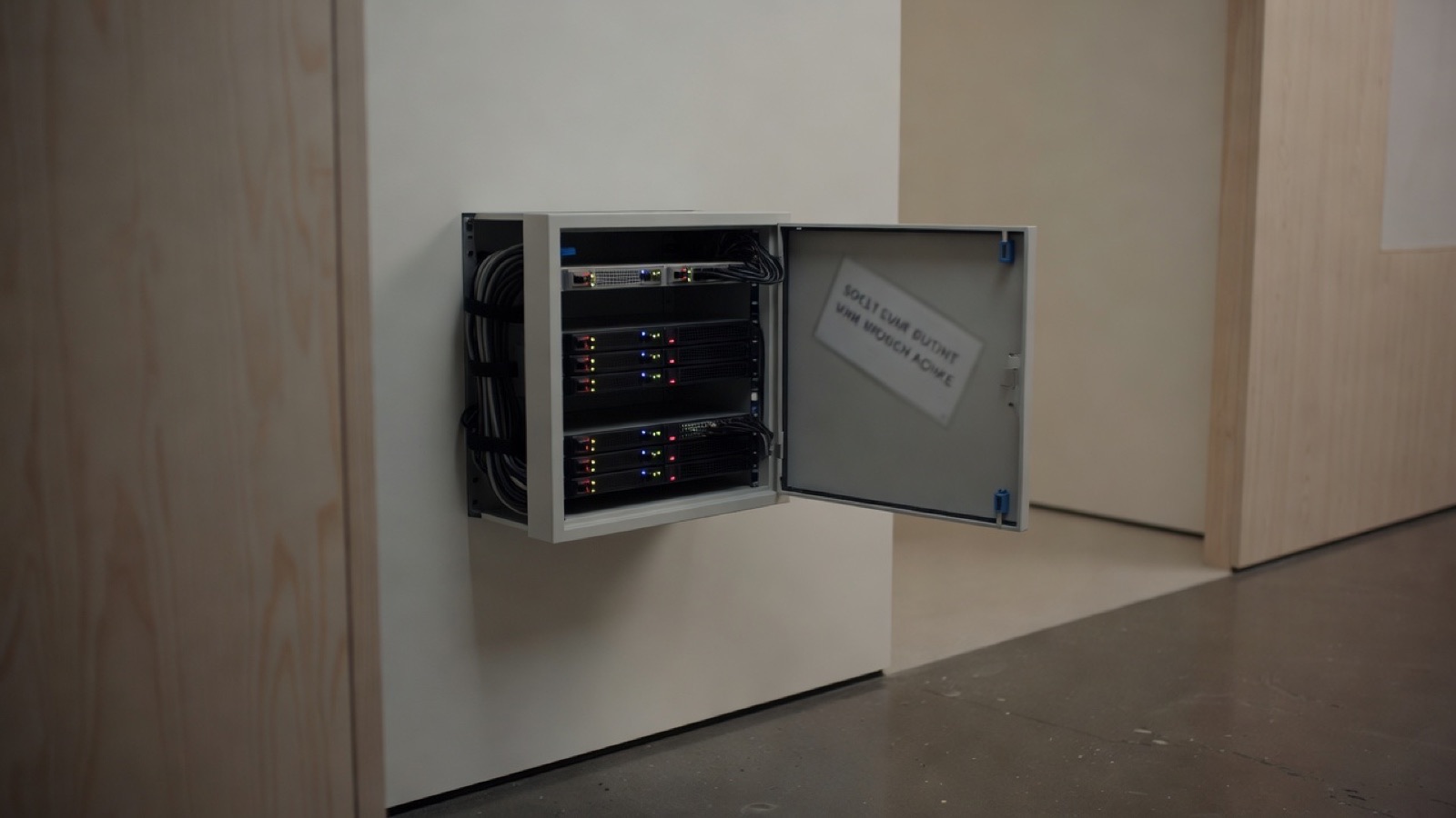 Ein kleiner Server-Schrank in einem Büroflur: ein Rack mit einigen Einheiten und blinkenden Lichtern, ordentlich gebündelte Kabel und ein ausgedrucktes Etikett an der Tür.